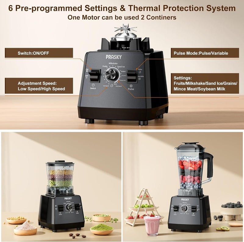 Prasky Professional Blender,Smoothies Blenders, Max.2400Watts/1000Watts Blender and Grinder Combo 25000RPM Powerful Kitchen 68oz BPA Free 2 Containers Countertop Blenders Ice Crushing, Juice - Image 4